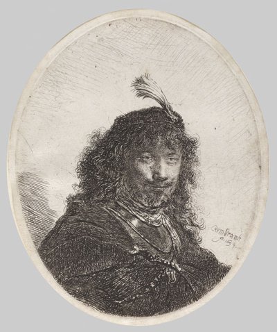 Omakuva, jossa on höyhenkoristeltu lakki ja laskettu miekka tekijältä Rembrandt van Rijn