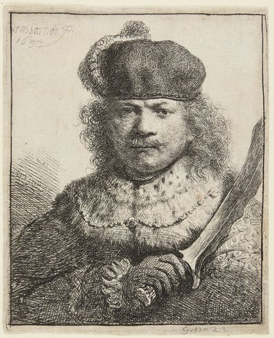 Omakuva, jossa miekka on nostettuna tekijältä Rembrandt van Rijn