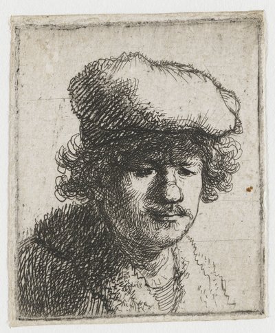 Omakuva, jossa lippalakki on vedetty eteenpäin tekijältä Rembrandt van Rijn