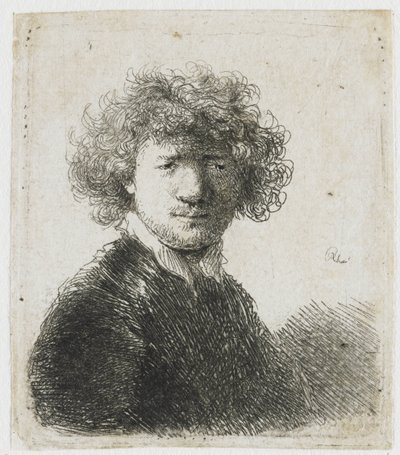 Omakuva kiharat hiukset ja valkoinen kaulus: rintakuva tekijältä Rembrandt van Rijn