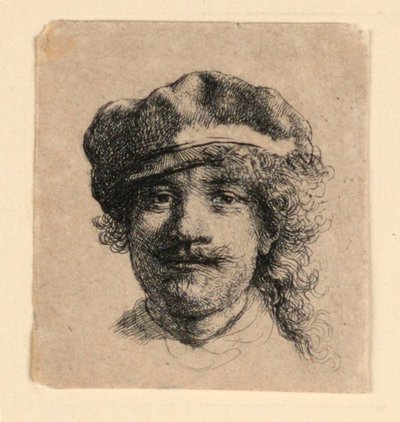 Omakuva pehmeä lippalakki päällä: koko kasvot, vain pää tekijältä Rembrandt van Rijn
