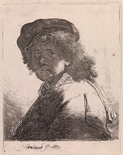 Omakuva, jossa on lippalakki ja huivi ja kasvojen alue on tummennettu tekijältä Rembrandt van Rijn