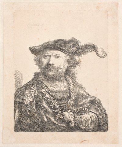 Omakuva samettinen lippalakki, jossa kirjailtu mekko: rintakuva tekijältä Rembrandt van Rijn