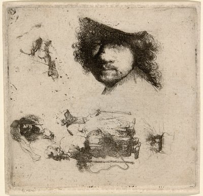 Tutkimusarkki: Taiteilijan päällikkö, kerjäläispariskunta, vanhan miehen ja vanhan naisen päät jne. tekijältä Rembrandt van Rijn