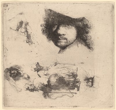 Tutkimusarkki, joka sisältää taiteilijan johtajan, kerjäläisparin, vanhan miehen ja vanhan naisen päät tekijältä Rembrandt van Rijn