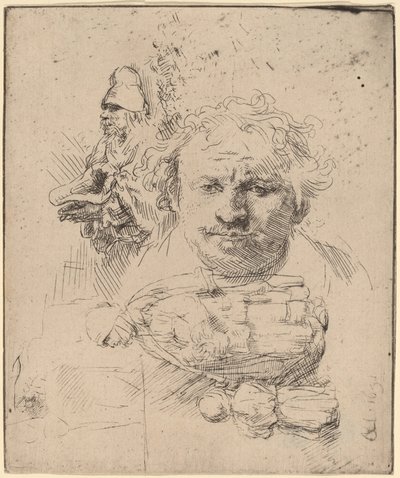 Tutkimusarkki taiteilijan johtajan, kerjäläisen miehen sekä naisen ja lapsen kanssa tekijältä Rembrandt van Rijn