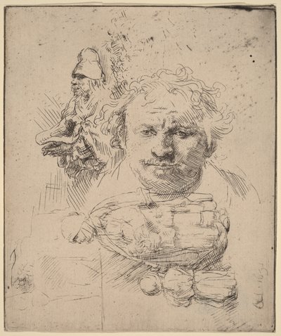 Piirrosarkki, jossa on taiteilijan pää, kerjäläismies sekä nainen ja lapsi tekijältä Rembrandt van Rijn