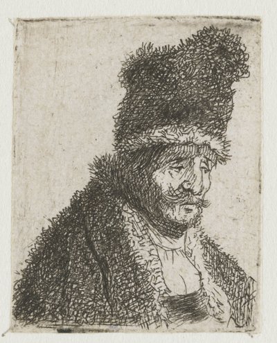 Kokoelma miesten pääkuvia: vanha mies turkkiin pukeutuneena ja korkealla lakkilla tekijältä Rembrandt van Rijn