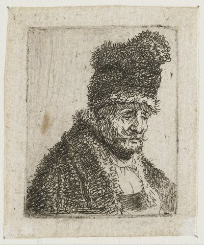 Kokoelma miesten pääkuvia: vanha mies turkkiin pukeutuneena ja korkealla lakkilla tekijältä Rembrandt van Rijn