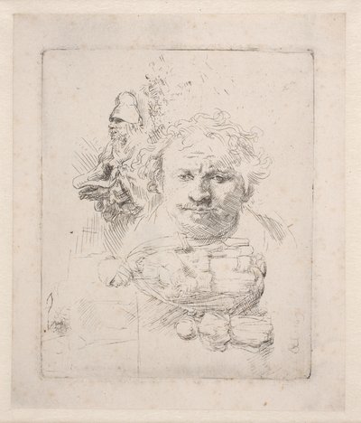 Piirrosarkki, jossa on Rembrandtin pää, kerjäläismies, nainen ja lapsi tekijältä Rembrandt van Rijn