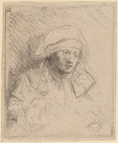 Sairas nainen, jolla on suuri valkoinen päähine (Saskia) tekijältä Rembrandt van Rijn