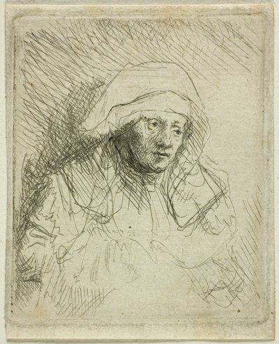 Sairas nainen, jolla on suuri valkoinen päähine (Saskia) tekijältä Rembrandt van Rijn