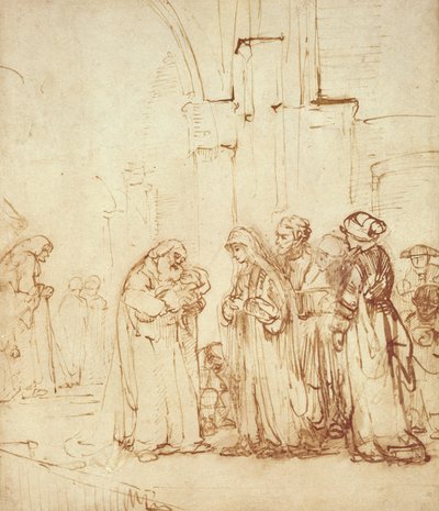 Simeon ja Jeesus temppelissä (piirustus) tekijältä Rembrandt van Rijn