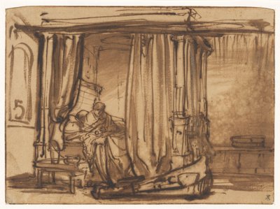 Makuuhuone, jossa Saskia istuu taivasvuoteessa tekijältä Rembrandt van Rijn