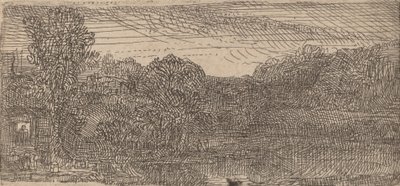 Pieni harmaa maisema: talo ja puut uima-altaan vieressä, c. 1640. tekijältä Rembrandt van Rijn