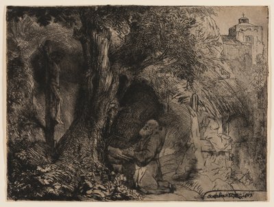 Pyhä Franciscus puun alla rukoilemassa tekijältä Rembrandt van Rijn