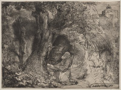 Pyhä Franciscus rukoilee puun alla tekijältä Rembrandt van Rijn
