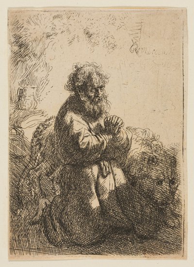 Pyhä Hieronymus polvistui rukouksessa ja katsoo alas tekijältä Rembrandt van Rijn