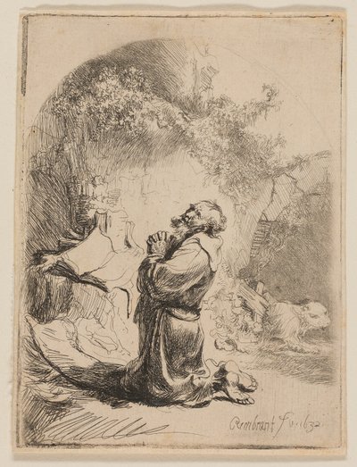 Pyhä Hieronymus rukoilee: Kaareva tekijältä Rembrandt van Rijn