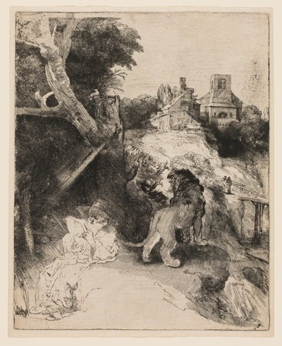 St. Jerome lukemassa italialaisessa maisemassa tekijältä Rembrandt van Rijn