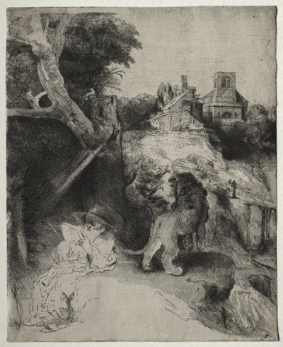 St. Jerome lukemassa italialaisessa maisemassa tekijältä Rembrandt van Rijn