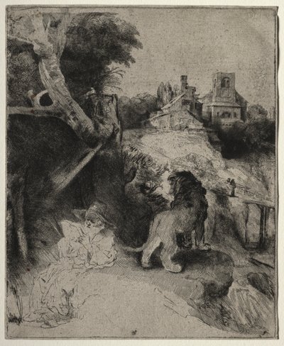 St. Jerome lukemassa italialaisessa maisemassa tekijältä Rembrandt van Rijn