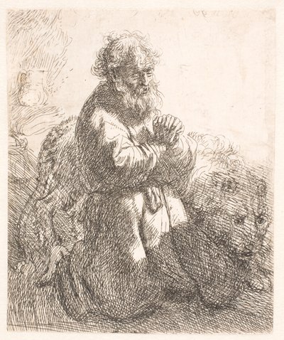 Pyhä Hieronymus polvistui rukouksessa ja katsoo alas tekijältä Rembrandt van Rijn