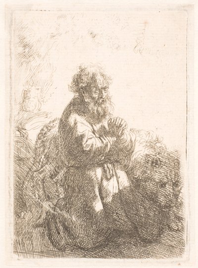 Pyhä Hieronymus polvistui rukouksessa ja katsoo alas tekijältä Rembrandt van Rijn
