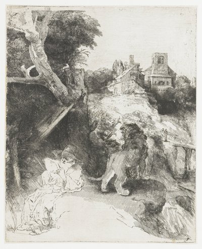 Pyhä Hieronymus lukemassa italialaisessa maisemassa tekijältä Rembrandt van Rijn