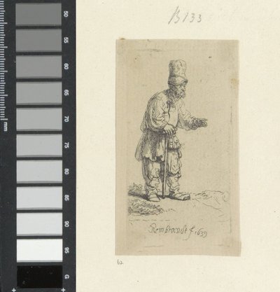 Seisova maanviljelijä, jolla on korkeat päähineet, kepille nojaten Recueil de quatre-vingt-cinq estampes originales (sarjan nimi) tekijältä Rembrandt van Rijn