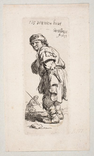 Vasemmalle kääntynyt seisova maalaismies ja taustalla keppi kädessään oleva hahmo ”Tis vinnich Kout” tekijältä Rembrandt van Rijn