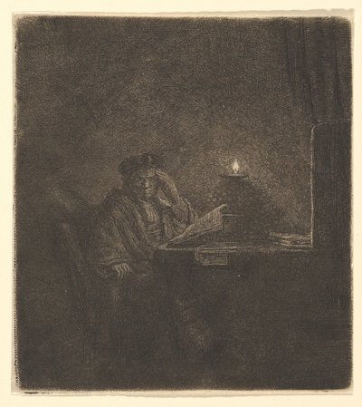 Opiskelija pöydässä kynttilänvalossa, n. 1642. tekijältä Rembrandt van Rijn