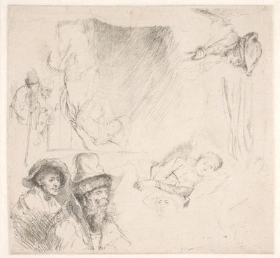 Studieblad, mukaan lukien vuoteessa oleva nainen tekijältä Rembrandt van Rijn