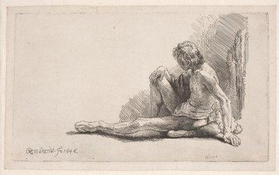 Alastonmallin mukaan tehty piirros: maassa istuva mies, jolla on yksi jalka ojennettuna tekijältä Rembrandt van Rijn