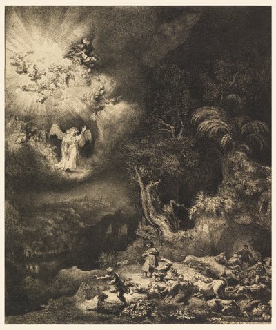 Enkeli ilmestyy paimenille tekijältä Rembrandt van Rijn
