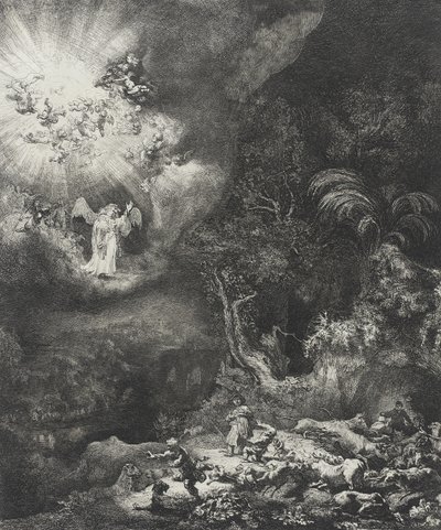 Enkeli ilmestyy paimenille, 1634 tekijältä Rembrandt van Rijn
