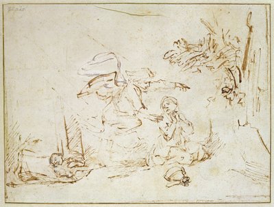 Enkeli ilmestyy Hagarille ja Ismaelille erämaassa (kynä ja ruskea muste vartalovärillä paperilla) tekijältä Rembrandt van Rijn