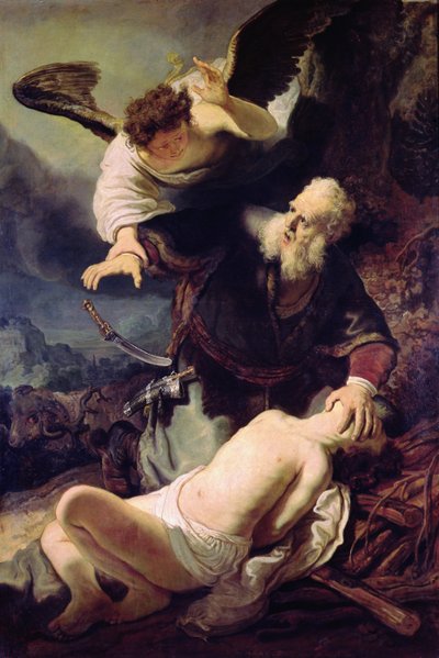 Enkeli pysäyttää Abrahamin uhraamasta Iisakia, 1636 tekijältä Rembrandt van Rijn