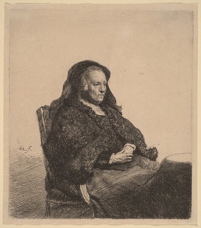 Taiteilijan äiti istuu pöydän ääressä ja katsoo oikealle tekijältä Rembrandt van Rijn