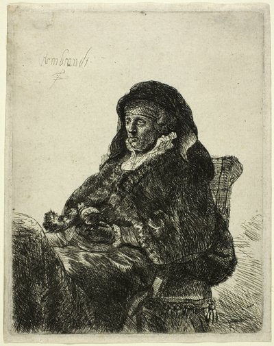 Taiteilijan äiti istuu pöydän ääressä katsoen oikealle: Kolmen neljäsosan pituudelta tekijältä Rembrandt van Rijn