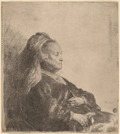Taiteilijan äiti istuu itämaisessa päähineessä tekijältä Rembrandt van Rijn