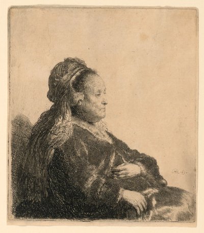 Taiteilijan äiti istuu itämaisessa päähineessä: puolipitkä tekijältä Rembrandt van Rijn