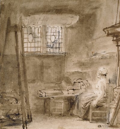 Taiteilijan studio, 1659 (kynä ja kaksi ruskean sävyä, harmaanruskea pesu, muutama korjaus valkoiseen) tekijältä Rembrandt van Rijn