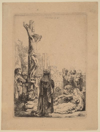 Ristiinnaulitseminen: pieni lautaskuva tekijältä Rembrandt van Rijn