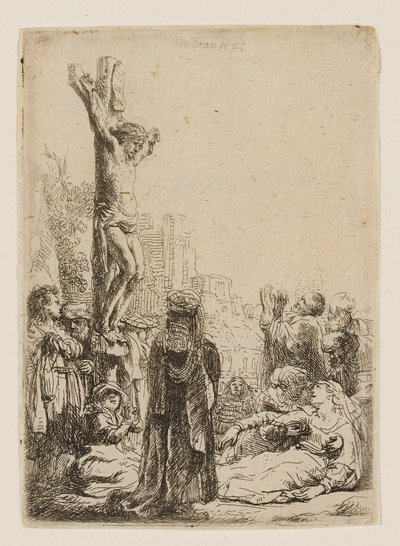 Ristiinnaulitseminen: pieni lautaskuva tekijältä Rembrandt van Rijn
