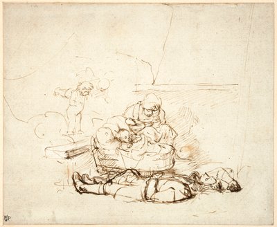 Pyhä perhe nukkumassa, enkelien kanssa, 1645 (kynä ja muste guassilla paperilla) tekijältä Rembrandt van Rijn