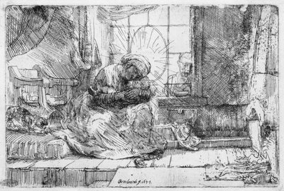 Pyhä perhe kissan kanssa, 1654 tekijältä Rembrandt van Rijn