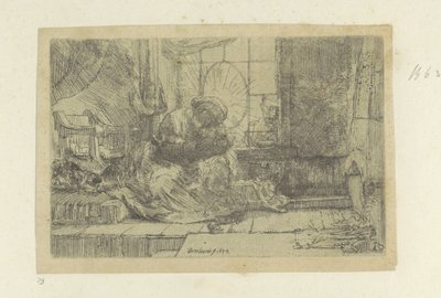 Pyhä perhe kissan ja käärmeen kanssa tekijältä Rembrandt van Rijn