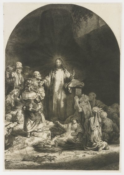 Sadan guldenin printti: keskuskappale, jossa Kristus saarnaa, lautanen kaareva tekijältä Rembrandt van Rijn
