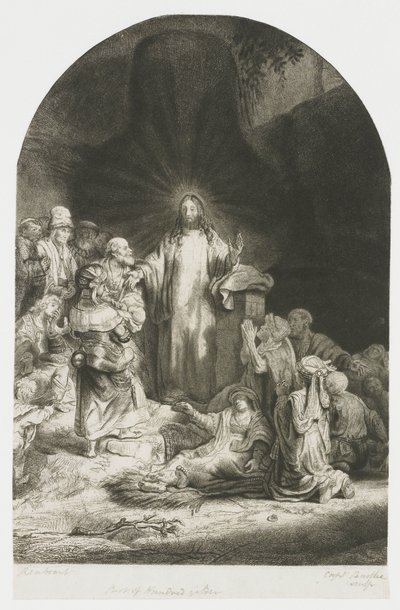 ”Sadan guldenin painokuva”: keskellä oleva kuva, jossa Kristus saarnaa, ja kaareva levy tekijältä Rembrandt van Rijn